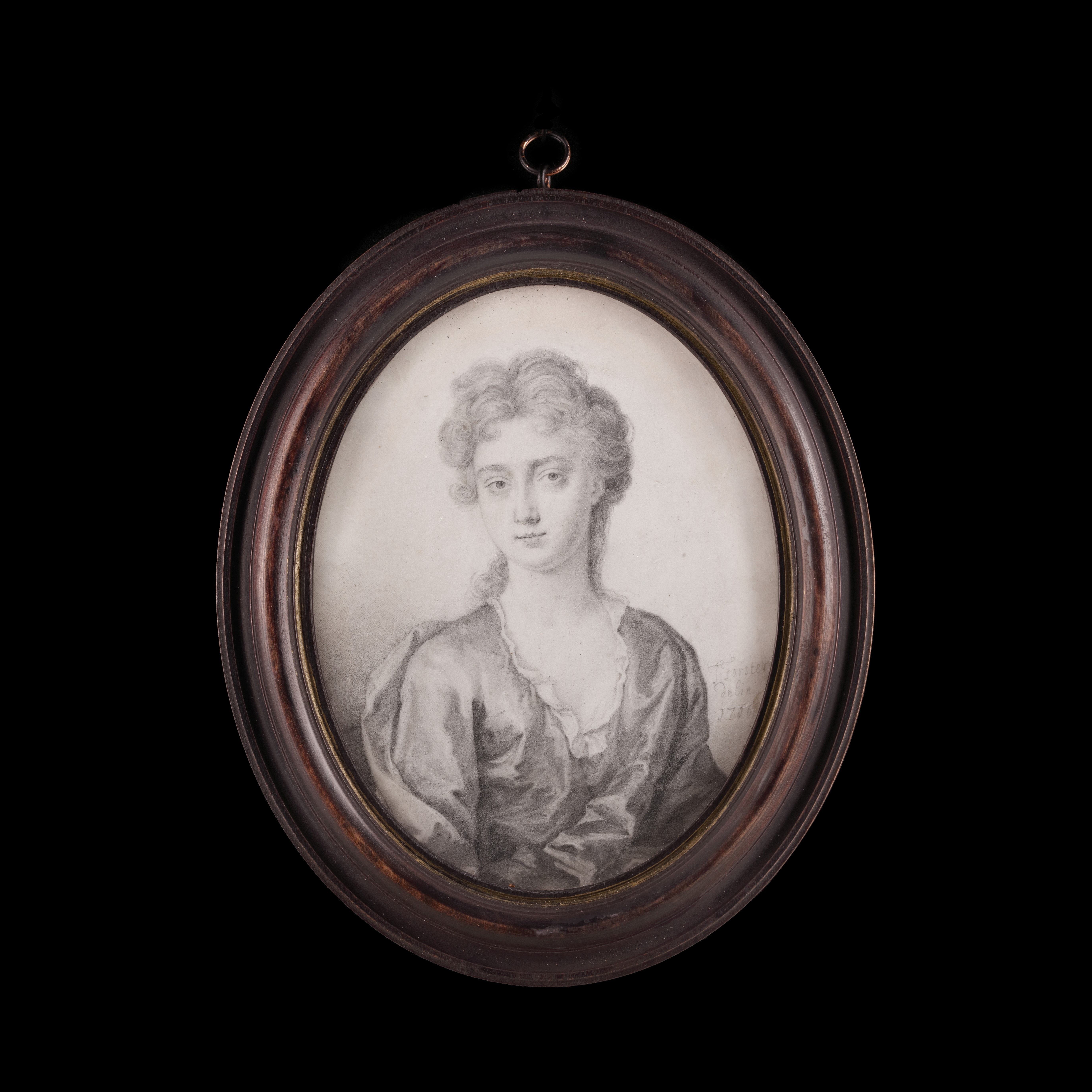 Plumbago portrait of a Lady, wearing open gown over a chemise